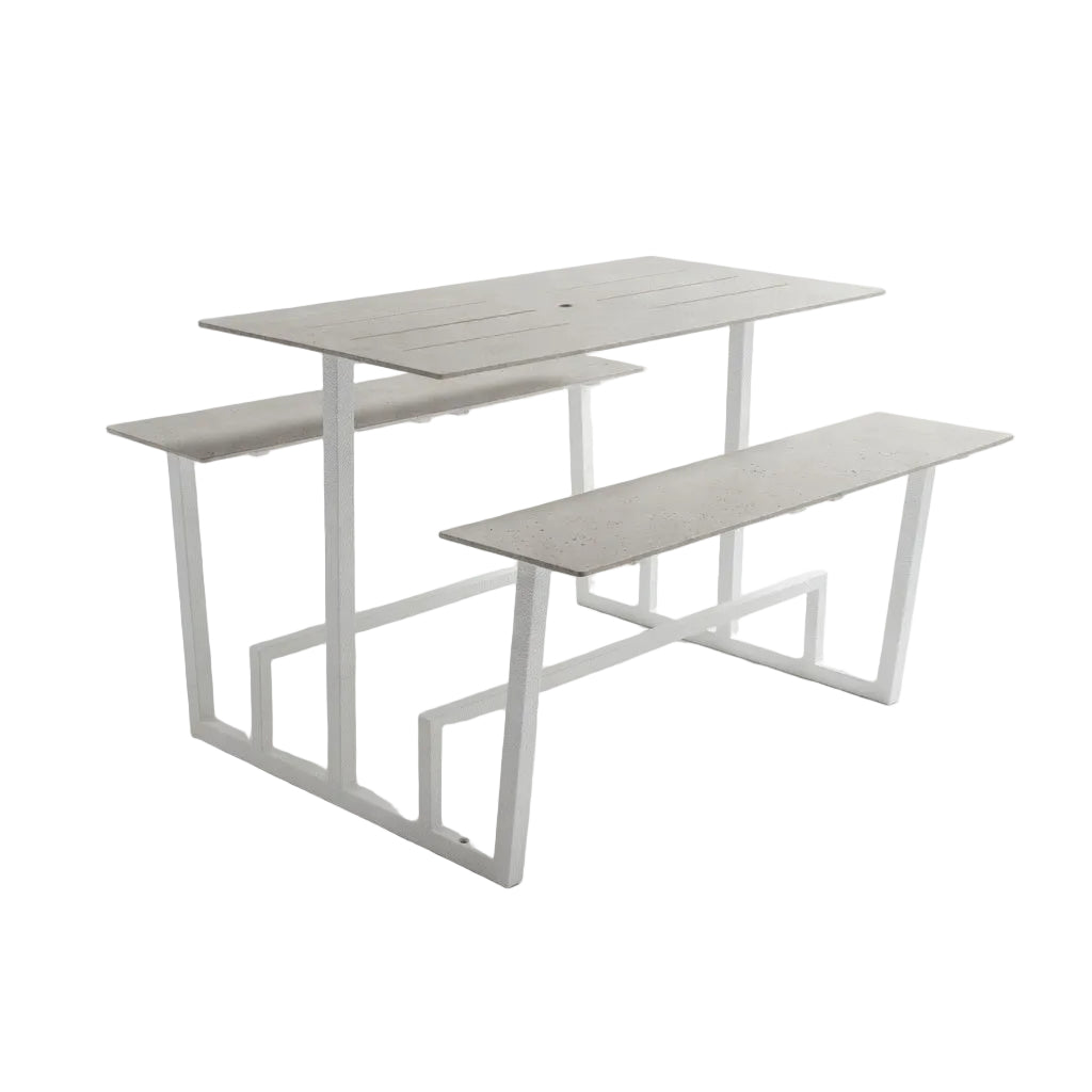 Monterey table set with concrete-look top and bench, white metal frame