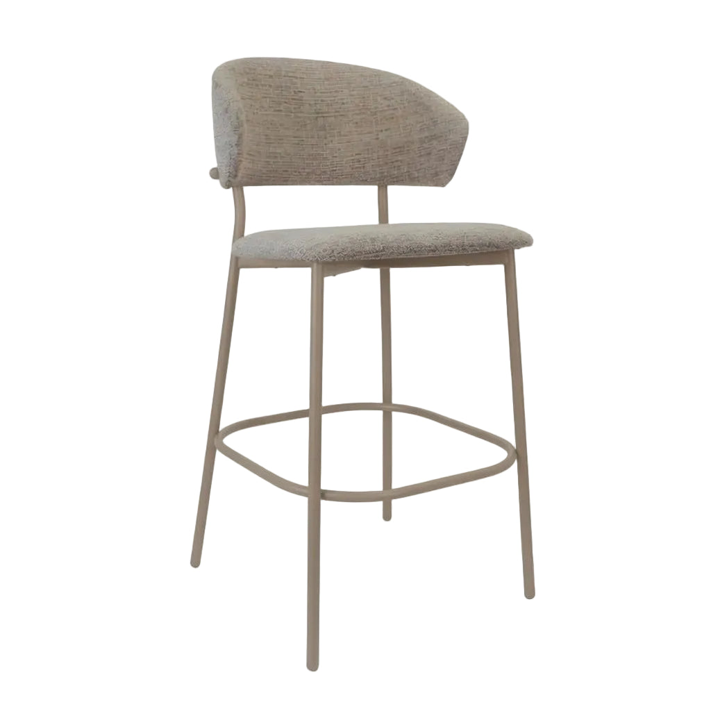 Taupe bar stool with upholstered seat and back, taupe metal legs and footrest