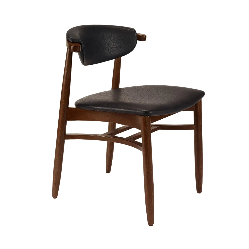 Dark brown side chair with black upholstered seat and curved backrest, angled side view