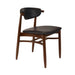 Dark brown side chair with black upholstered seat and curved backrest, angled side view