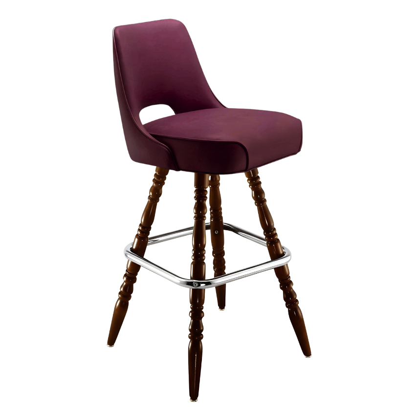 Rouge Maroon Celine modern bar stool featuring a sculptural cutout back and a softly cushioned upholstered seat with a minimalist wooden frame