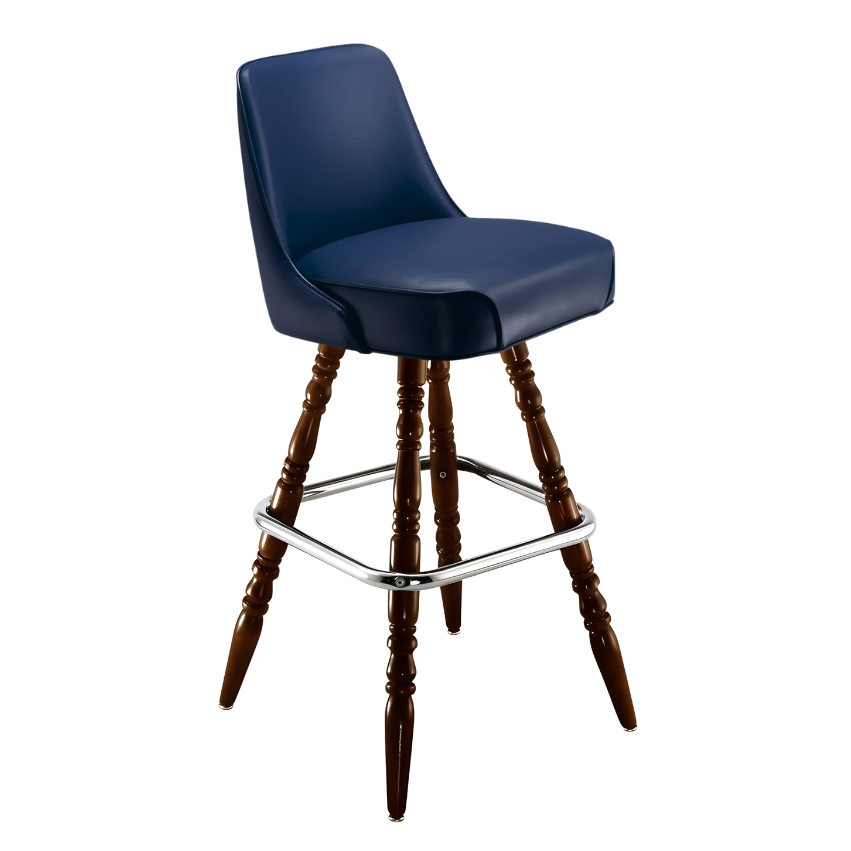 Navy leather bar stool with padded seat; decorative turned wood legs and chrome base