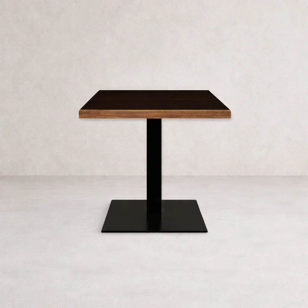 Metal table base with central pedestal column and square base plate, dark finish