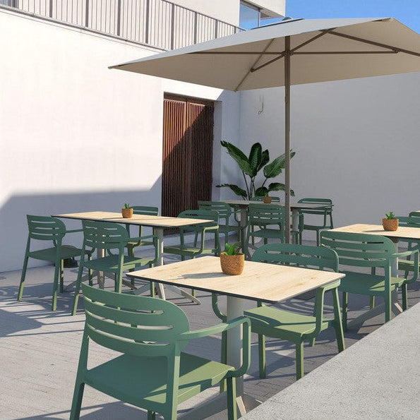 Outdoor arm chair set, olive green arm chairs with slatted backs