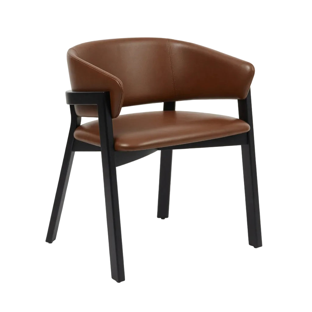 Brown leather-look arm chair with dark wooden legs and padded armrests