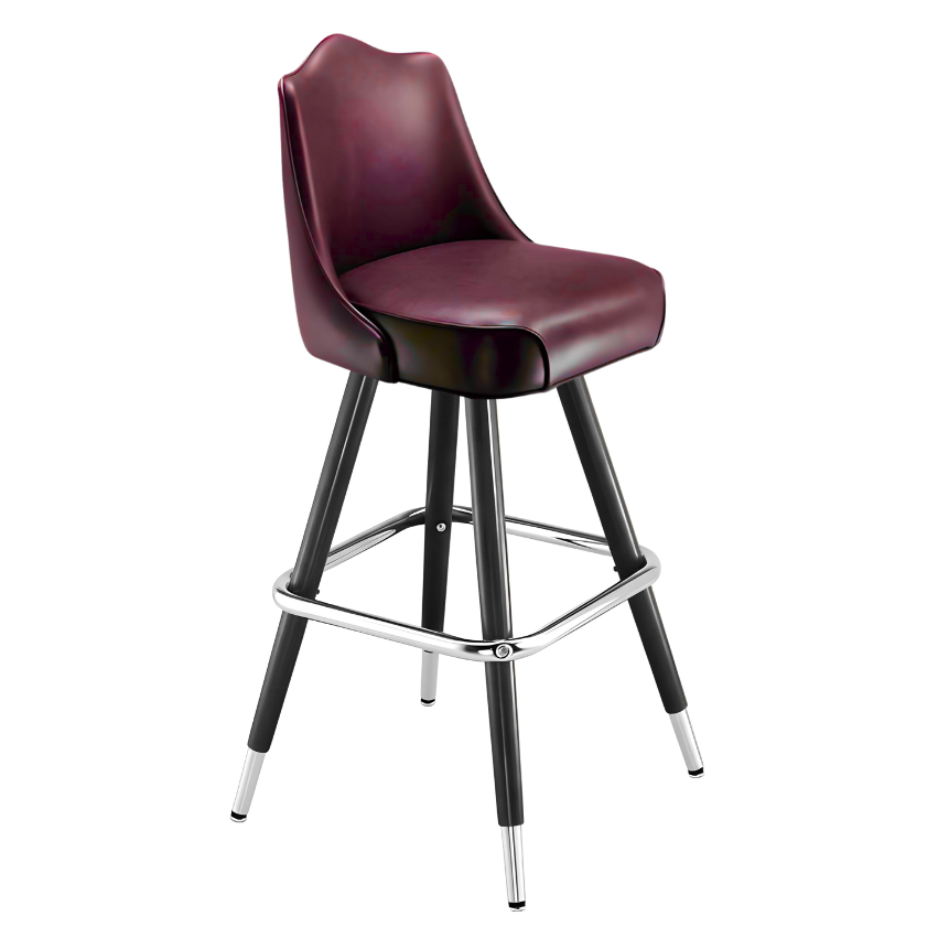 Maroon Rouge Kensington Crown bar stool featuring a softly arched backrest and a cushioned upholstered seat with a steady black metal frame