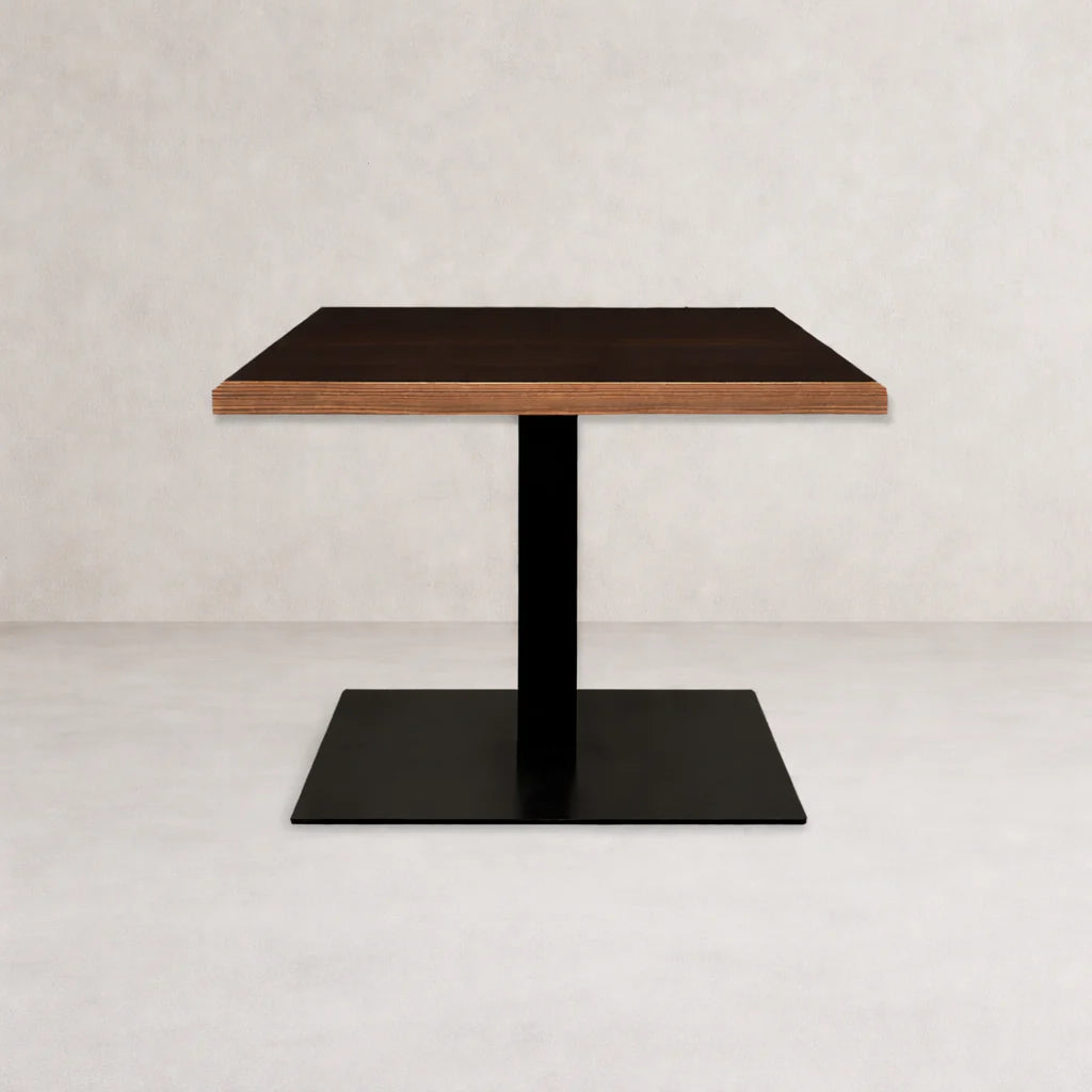Table base with tall pedestal column and wide square base plate, dark metal