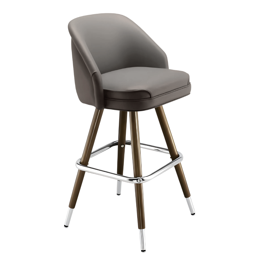 Stone Gray Kingston bar stool featuring a plush upholstered seat and a generous timeless silhouette with a sturdy wood metal frame