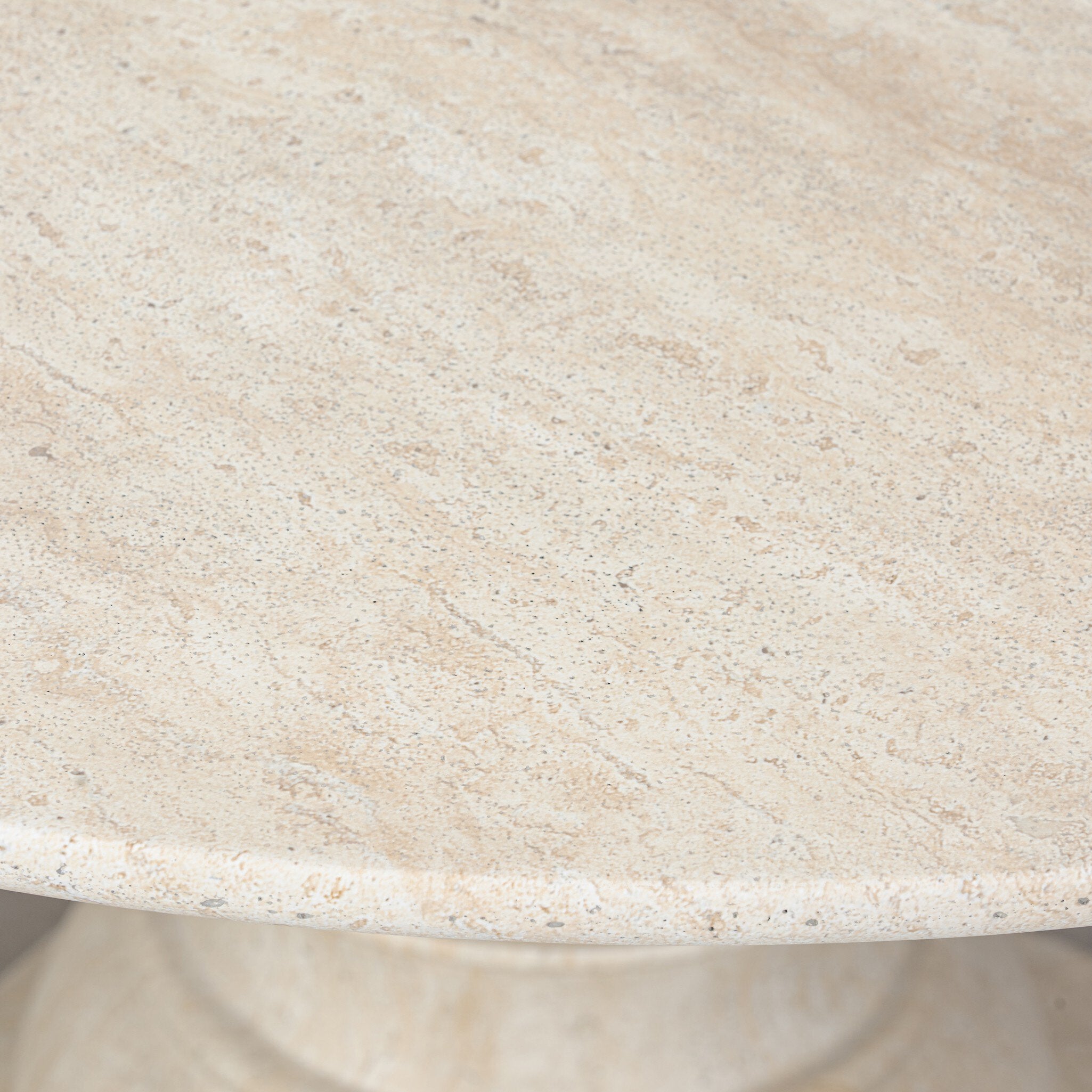 Faux travertine dining table top with overhang edge and speckled light beige finish