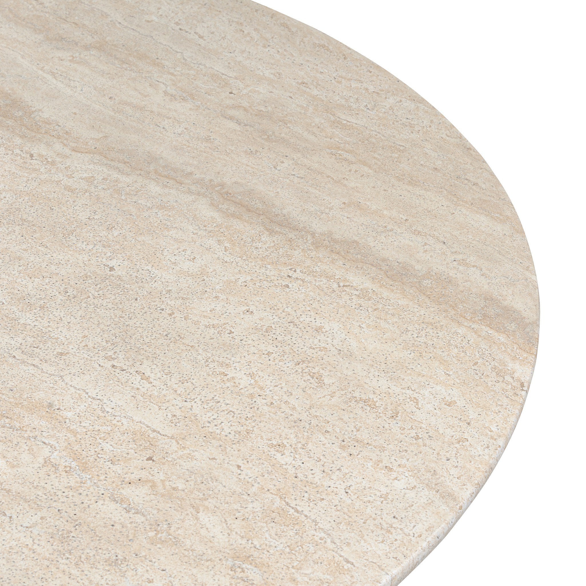 Close-up of faux travertine dining table top edge with light beige speckled finish