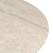 Close-up of faux travertine dining table top edge with light beige speckled finish