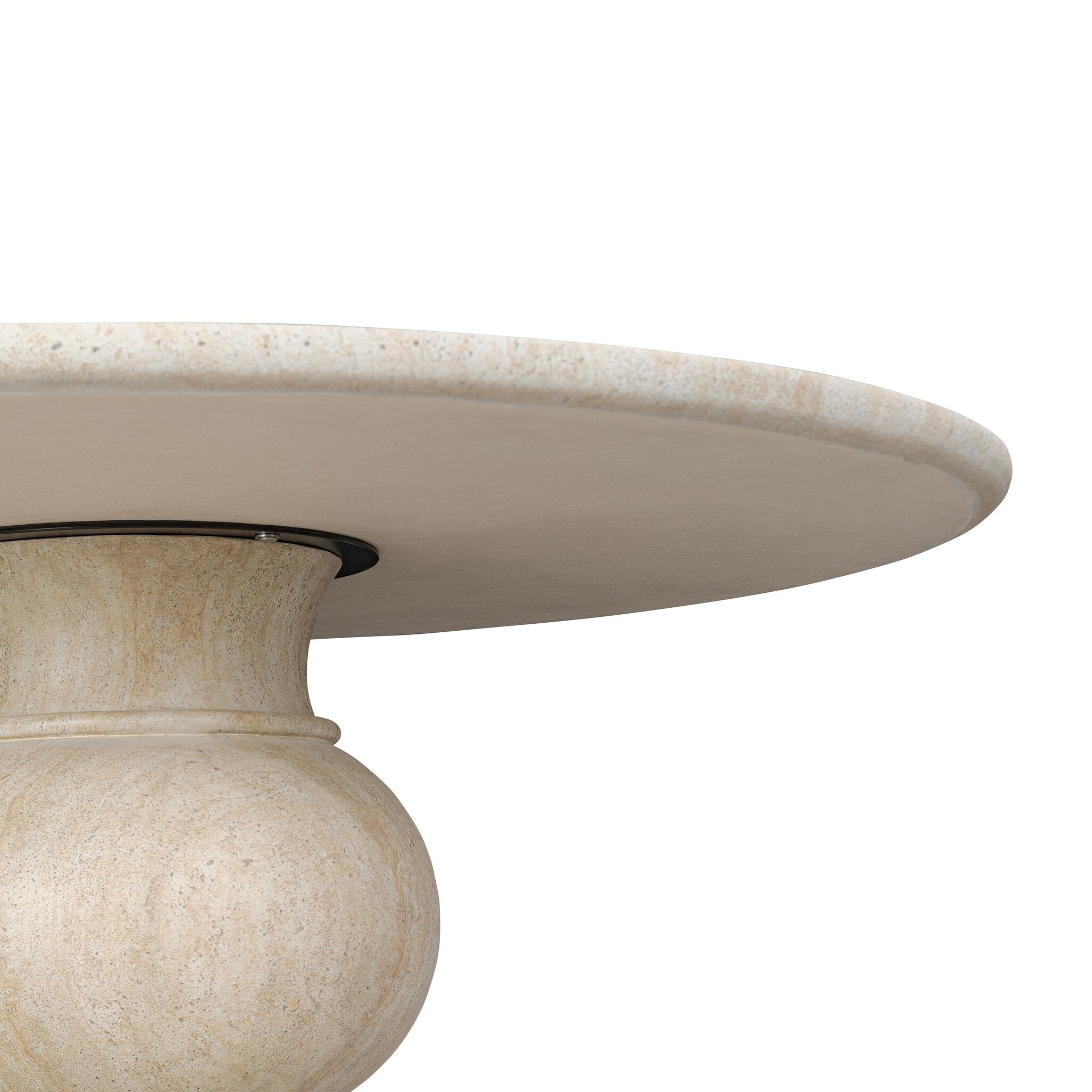 Dining table top over pedestal base, faux travertine in light beige speckled texture