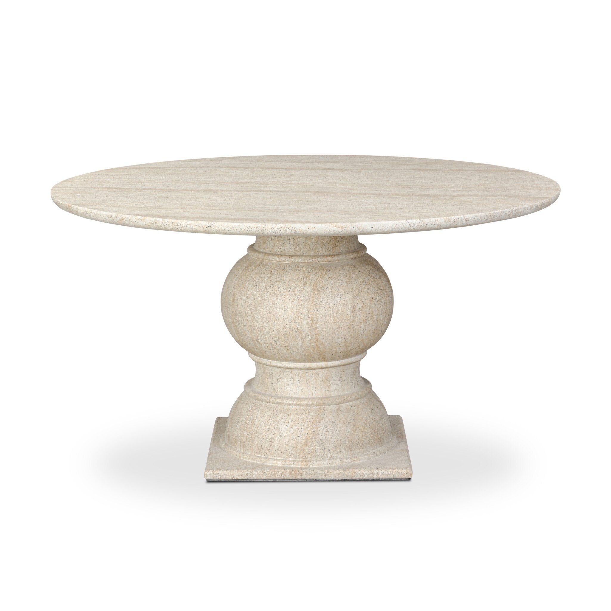 Round dining table with faux travertine top and turned pedestal base in light beige