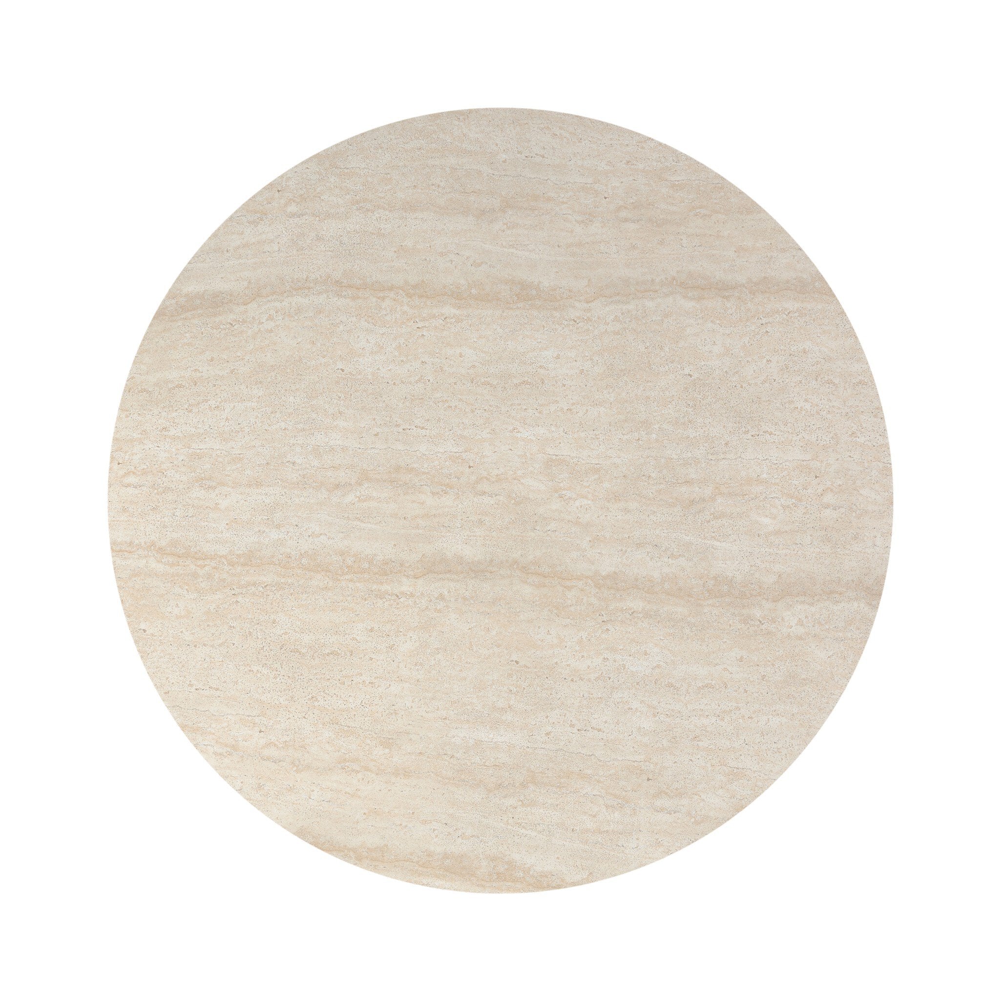Round faux travertine dining table top in light beige with speckled texture