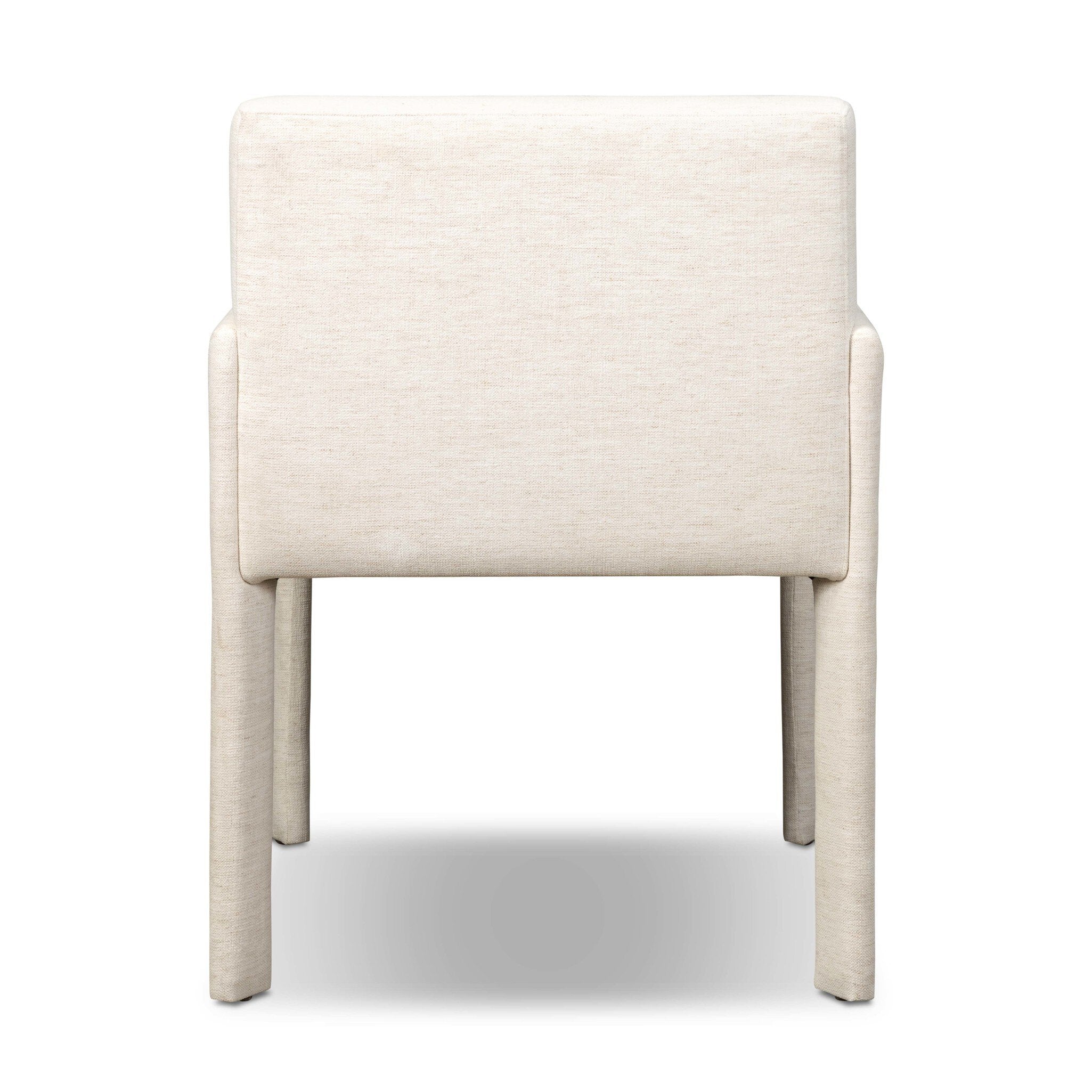 Off-white upholstered dining chair front view with tall backrest and padded seat.