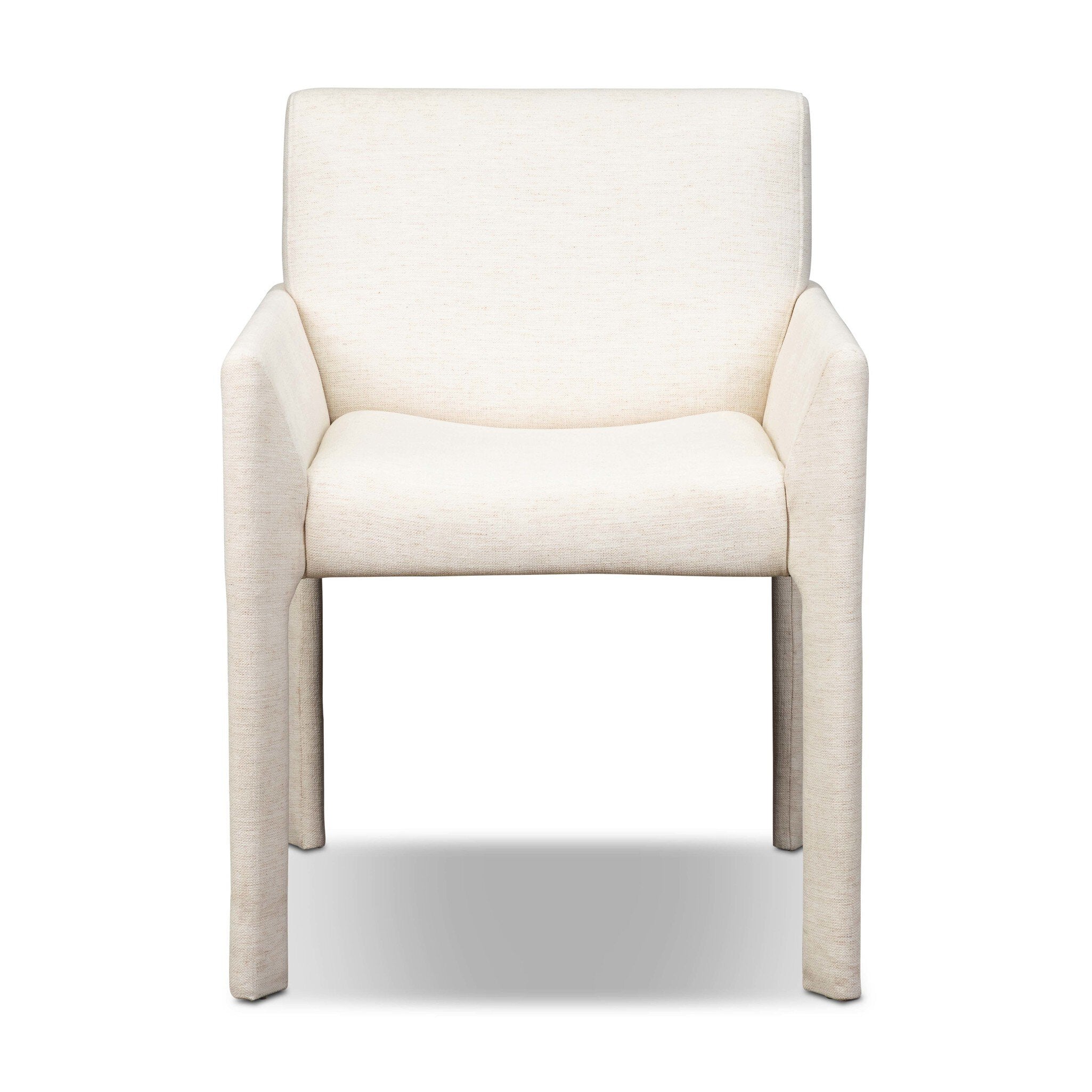 Upholstered dining chair with tall back, off-white fabric seat, and square tapered legs.