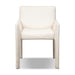 Upholstered dining chair with tall back, off-white fabric seat, and square tapered legs.