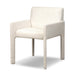 Off-white upholstered dining chair with tall backrest, armrests, and tapered wooden legs.