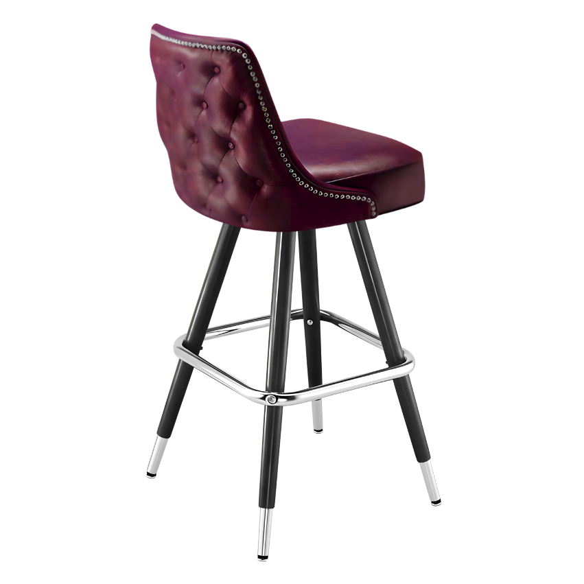 Maroon Rouge Hamilton nailhead bar stool featuring button tufting and a 90-degree auto-return black metal swivel base with metallic nailhead trim