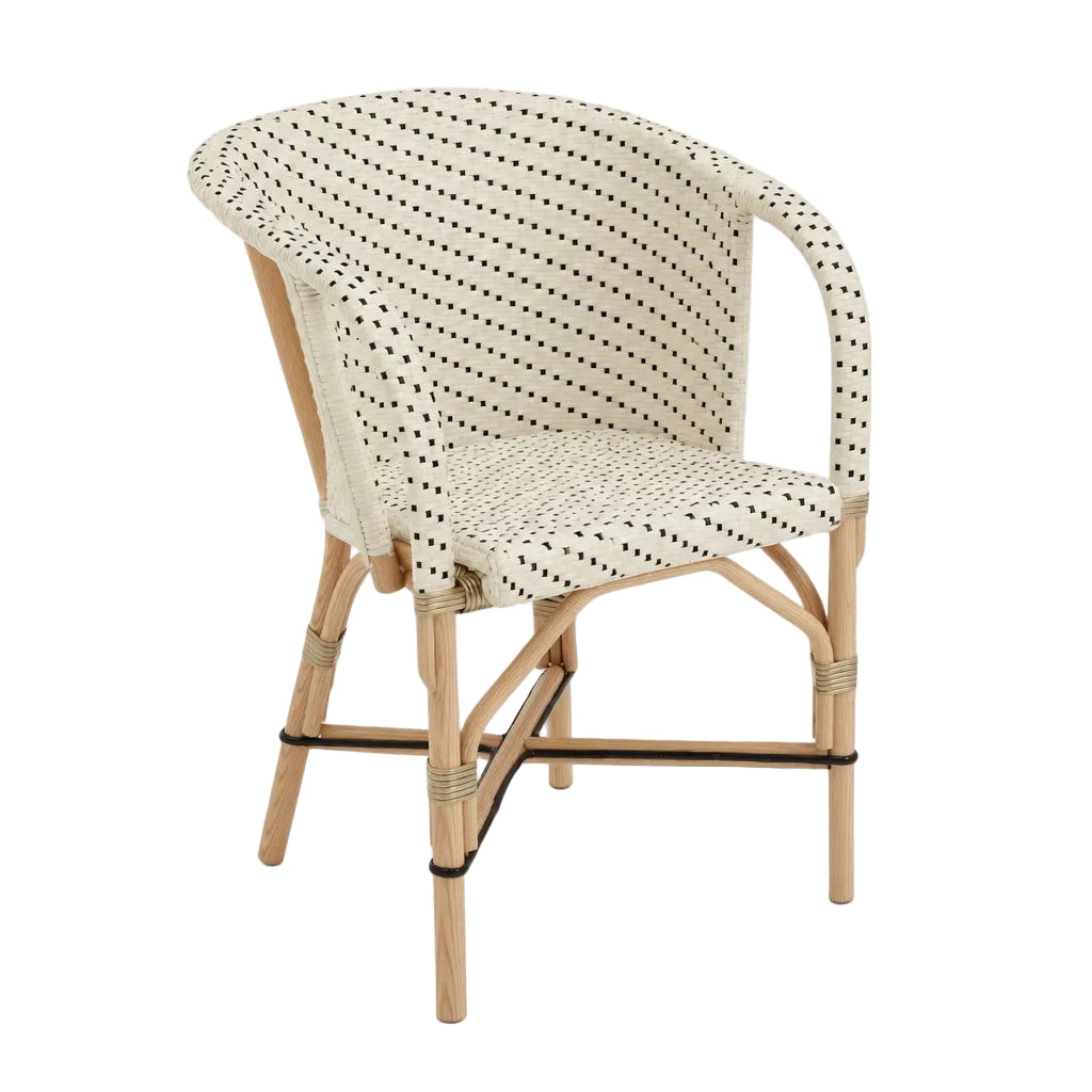 Woven arm chair with cream woven seat and back, dark dot stripe pattern, curved arms.