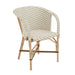 Woven arm chair with cream woven seat and back, dark dot stripe pattern, curved arms.