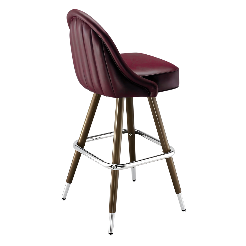 Rouge Maroon Marque Signature bar stool featuring a sweeping curved backrest and a refined upholstered seat with a sturdy wood metal frame