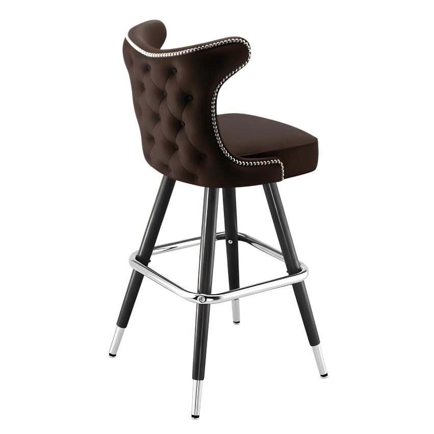 Fudge Brown Prescott Cowboy bar stool featuring classic button tufting and a 90-degree auto-return black metal swivel base with performance upholstery