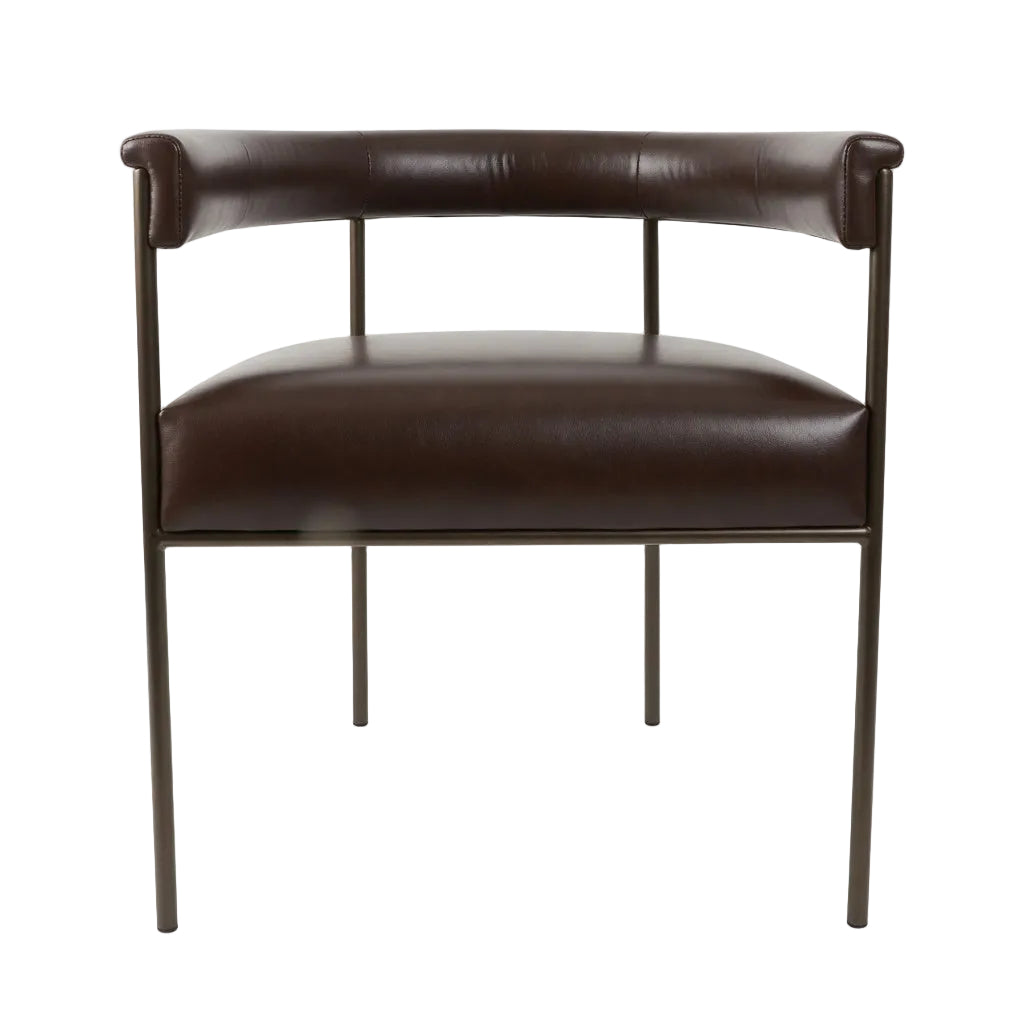Rhodes arm chair front view with dark brown leather-look upholstery, padded arms, and metal legs