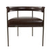 Rhodes arm chair front view with dark brown leather-look upholstery, padded arms, and metal legs