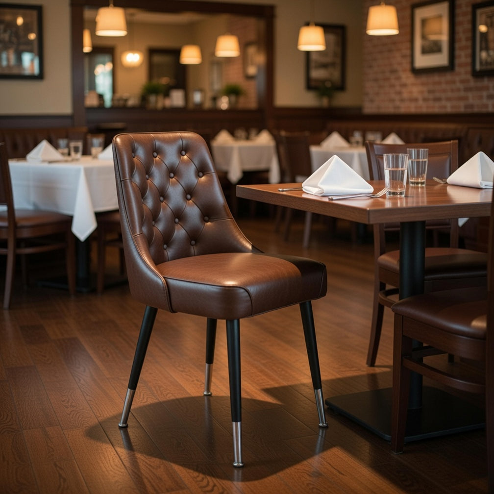 Upscale restaurant interior featuring Brighton armless club chairs with black legs and chrome accents at a dining table