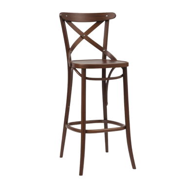 Dark walnut bar stool with X-back, round seat, and lower circular footrest.