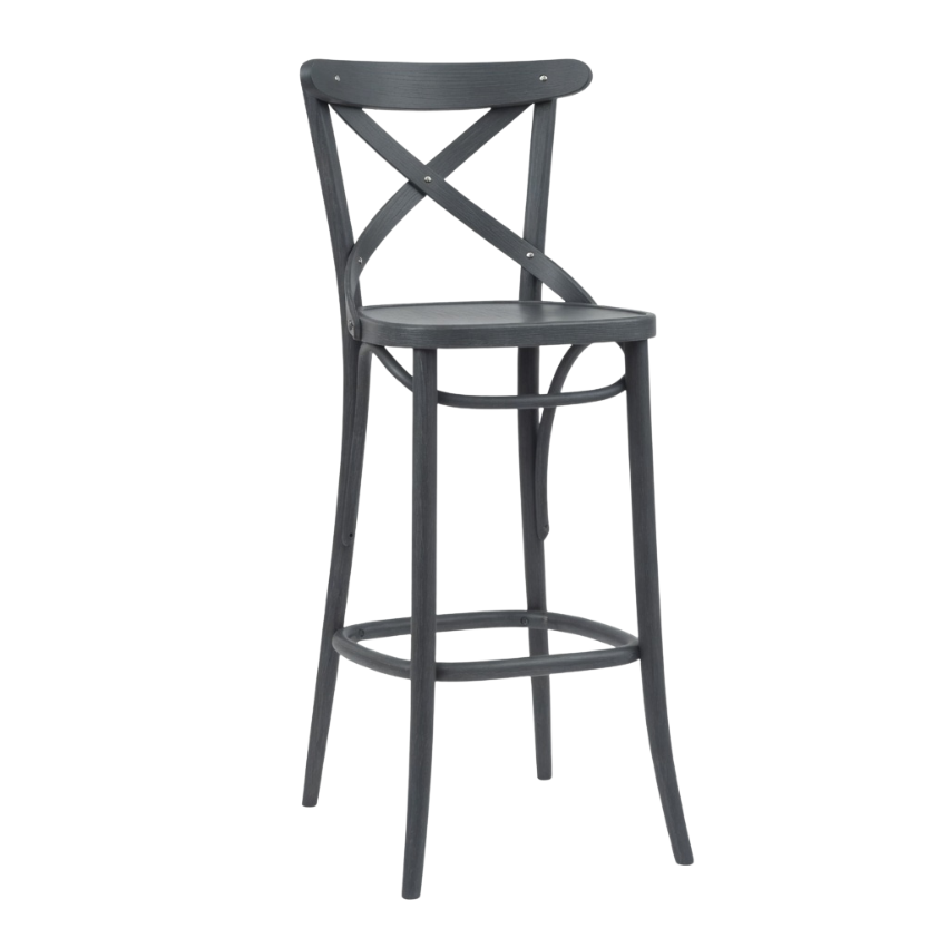 Slate bar stool with curved top rail, X-back, round seat, and circular footrest.