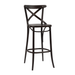 Slate-finish bar stool with X-back, round seat, and lower circular footrest.