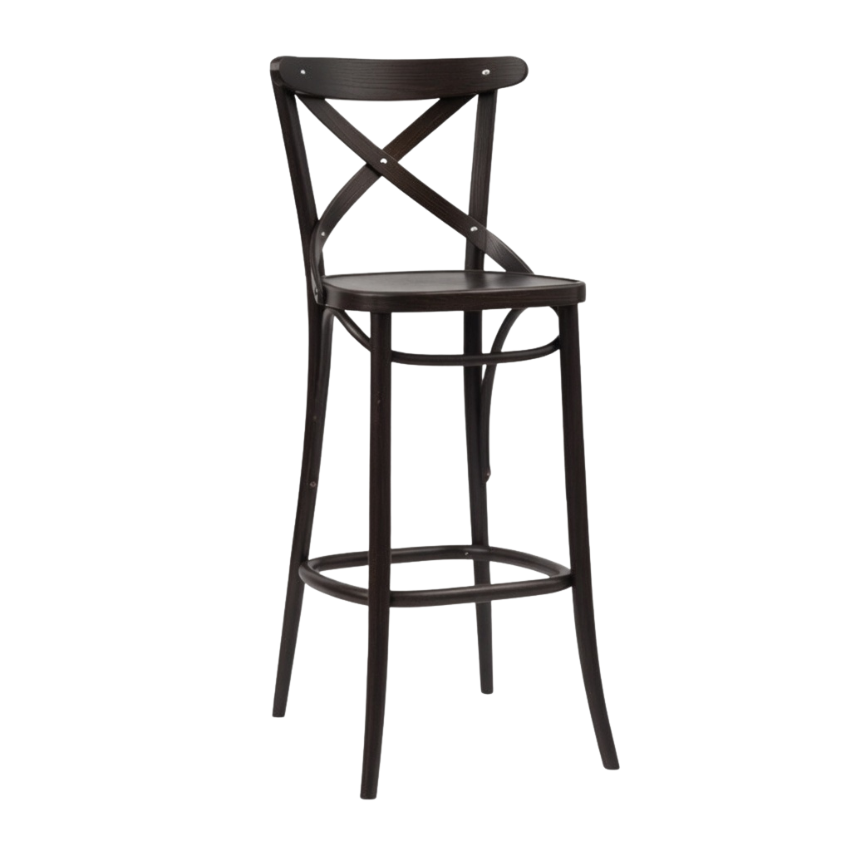 Slate-finish bar stool with X-back, round seat, and lower circular footrest.