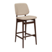 Upholstered bar stool with beige seat and back, dark brown wood frame
