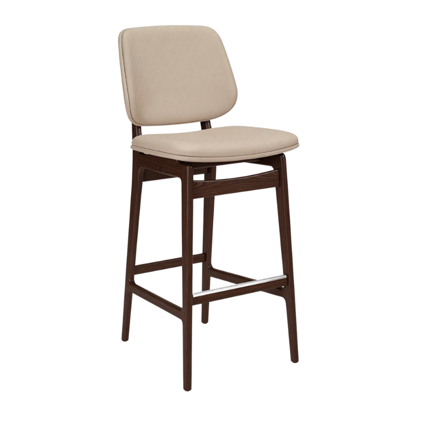 Upholstered bar stool with beige seat and back, dark brown wood frame