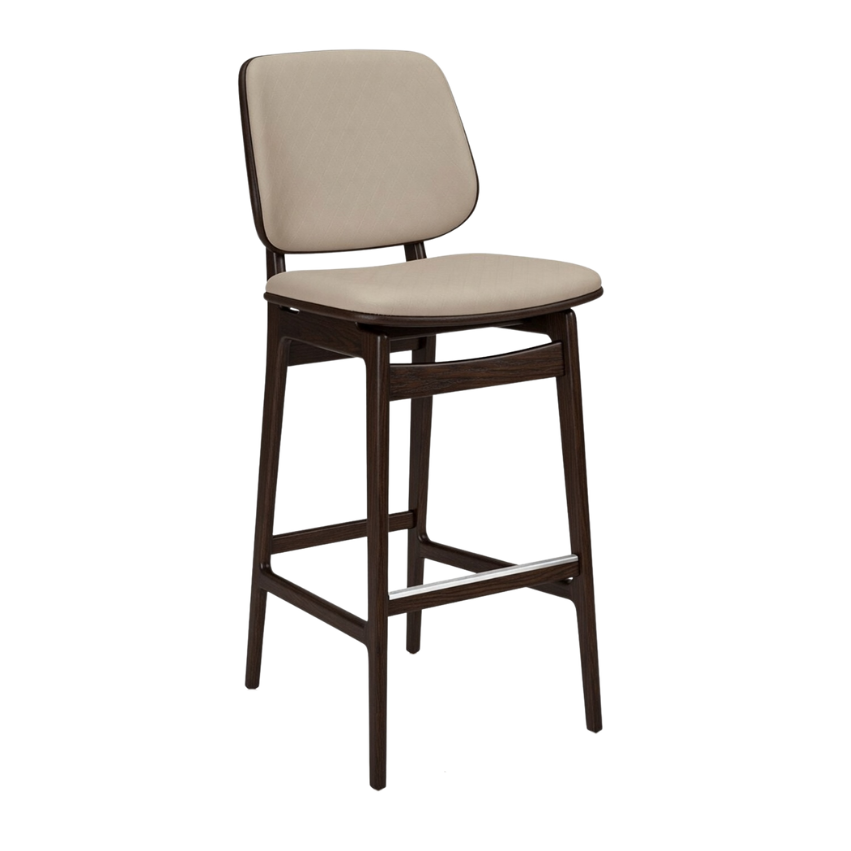 Upholstered bar stool with beige seat and back, dark brown wood frame