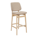 Upholstered bar stool with beige seat and back, light natural wood frame