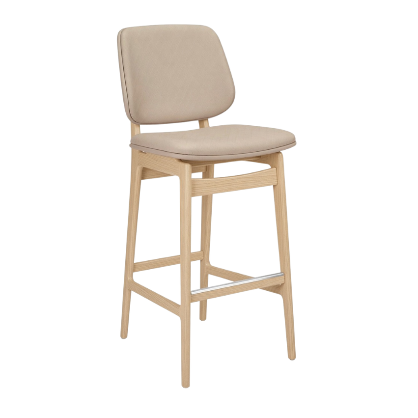 Upholstered bar stool with beige seat and back, light natural wood frame
