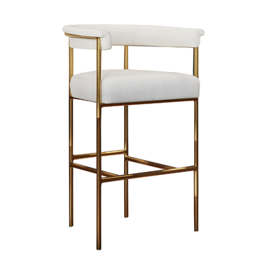 Upholstered bar stool with white cushioned seat, rounded back, and gold metal frame.