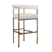 Upholstered bar stool with white cushioned seat, rounded back, and gold metal frame.