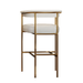 Upholstered bar stool with light fabric seat and back, gold-tone metal frame and base.