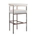 Upholstered bar stool with light fabric seat and rounded back, bronze metal frame.