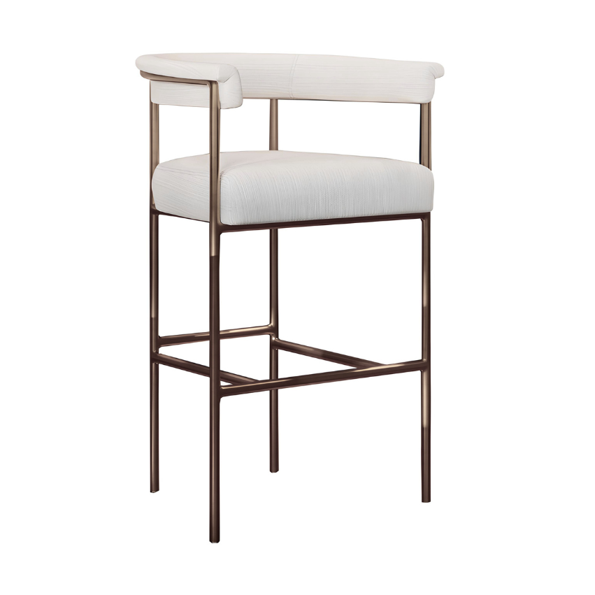 Upholstered bar stool with light fabric seat and rounded back, bronze metal frame.