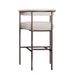 Upholstered bar stool with light fabric seat and back, bronze-toned metal frame and base.