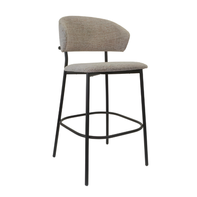 Taupe upholstered bar stool with rounded back, cushioned seat, black metal legs