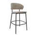 Taupe upholstered bar stool with rounded back, cushioned seat, black metal legs
