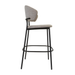 Taupe upholstered bar stool with angled back, cushioned seat, black metal frame