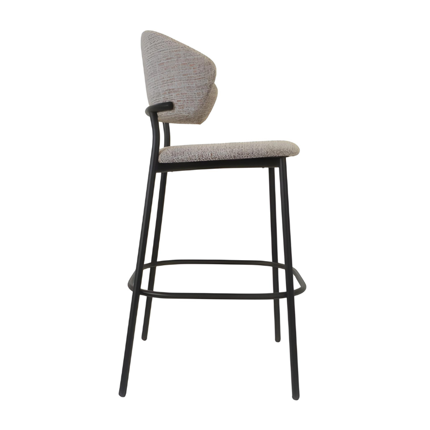 Taupe upholstered bar stool with angled back, cushioned seat, black metal frame