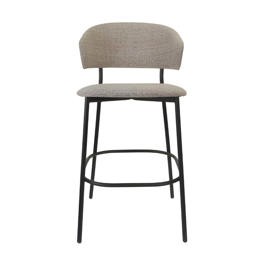Taupe upholstered bar stool with rounded back, cushioned seat, black metal footrest ring